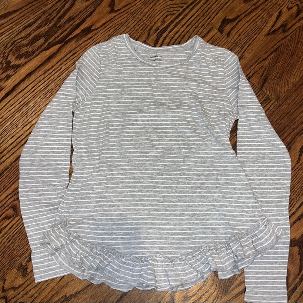 Banana Republic Comfy Grey and White Striped Long Sleeve Tee with Ruffle